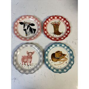 Four (4) Pioneer Woman ~ Gingham Edge w/Cow Pattern ~ 7" Dia. ~ Stoneware Plates